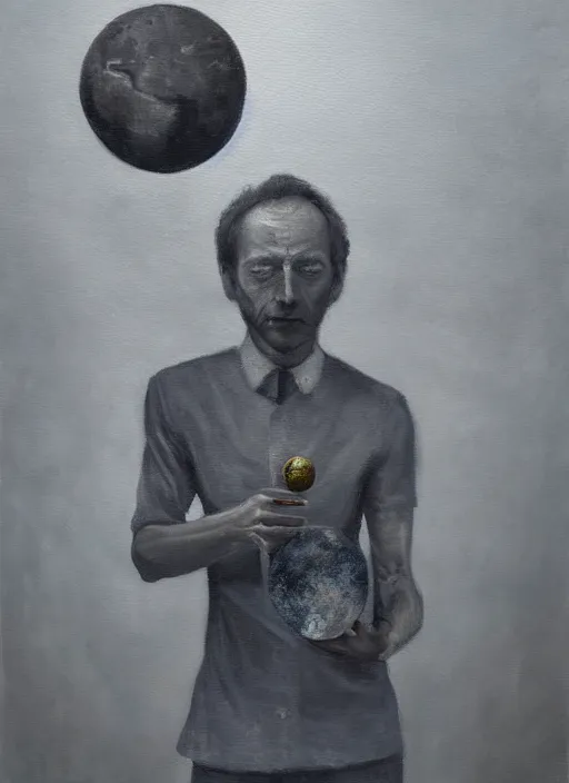 Image similar to a painting of a man holding a globe in his hands, a surrealist painting by Szymon Kot, deviantart, metaphysical painting, oil on canvas, surrealist, dystopian art,