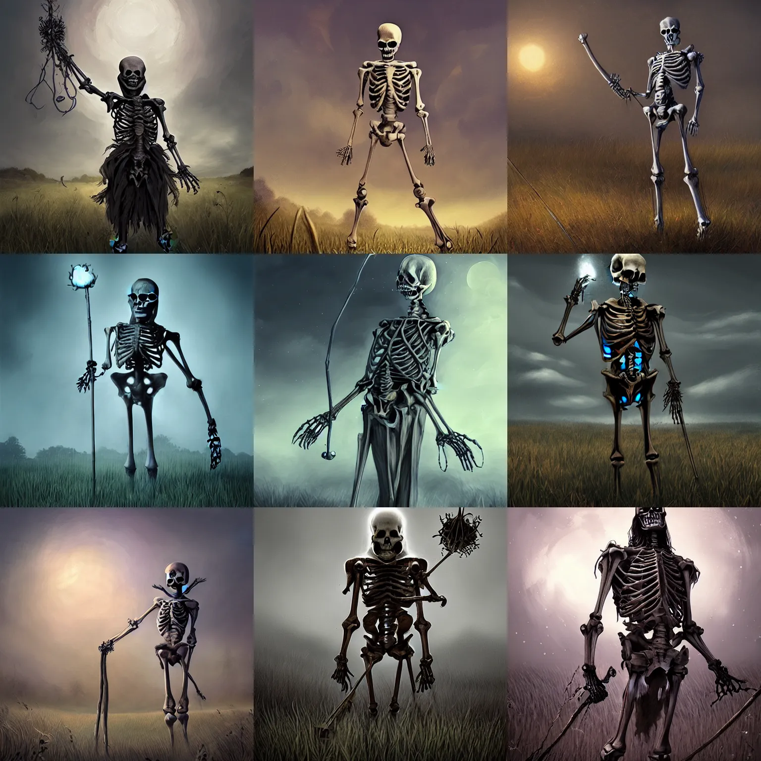 Prompt: skeleton lich standing in a field casting magic, night, high detail, fantasy art, by wlop