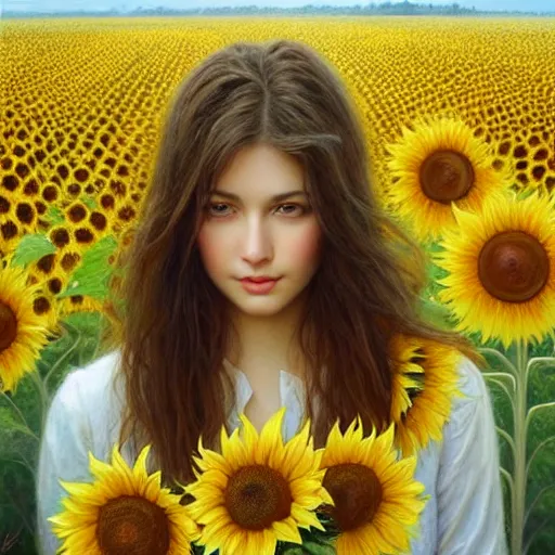 Image similar to a girl slowly walking through amazing tall sunflower field, hair flowing, early morning lighting, elegant, subtle, intricate details, beautiful face!, real masterpiece, oil on canvas, by karol bak, ayami kojima, artgerm, smile, concept art, fantasy