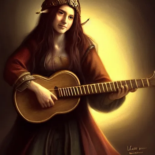 Image similar to Bard rocking out with a guitar in a medieval pub, female, fantasy, arcane glow, druidic runes, dramatic, intricate, sly smile, human face, fox ears, elegant, highly detailed, digital painting, artstation, concept art, smooth, sharp focus, illustration, octane render, art by Leesha Hannigan, Ross Tran, Thierry Doizon, Kai Carpenter, Ignacio Fernández Ríos