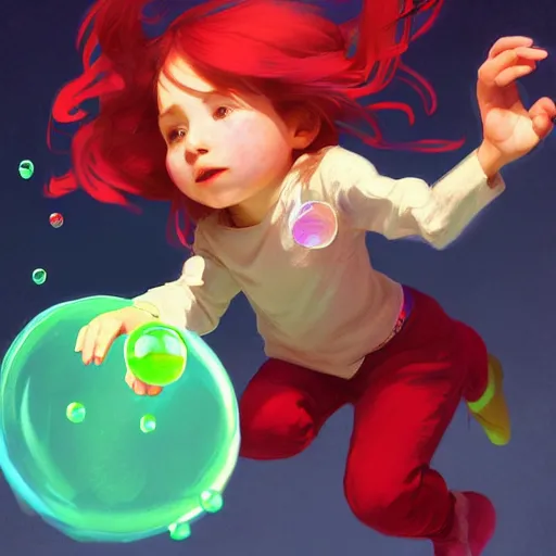 Prompt: madeline from celeste jumping to a green jelly bubble, ( ( ( blue bubble jacket ) ) ) ( ( ( red long hair ) ) ), highly detailed, digital painting, artstation, concept art, sharp focus, illustration, art by greg rutkowski and alphonse mucha