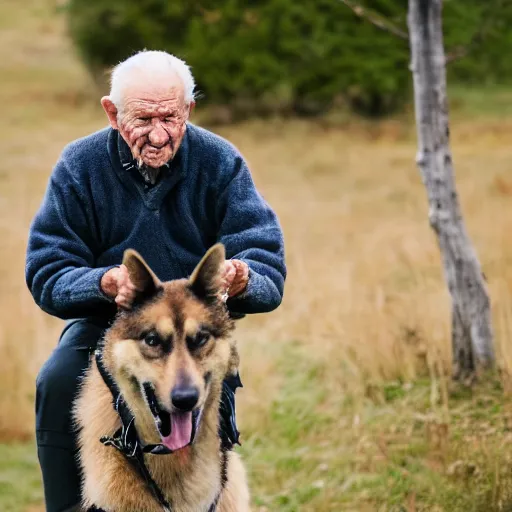 Image similar to portrait of an elderly man riding an alsatian, canon eos r 3, f / 1. 4, iso 2 0 0, 1 / 1 6 0 s, 8 k, raw, unedited, symmetrical balance, wide angle