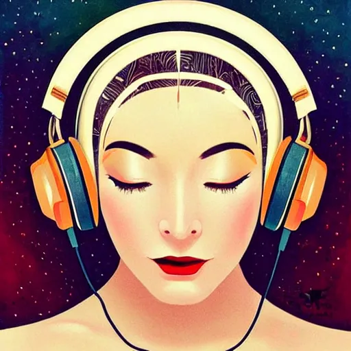 Image similar to intricate, amazing, art deco, retro vintage, painting by natelle quek, soft color palette, highly detailed, godess with headphones from space sci - fi of ancient religion