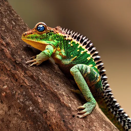 Prompt: An award winning photo of Tokay crocodile chameleon facing the camera, cute, environmental portrait, wildlife photography, National Geographic, 4k