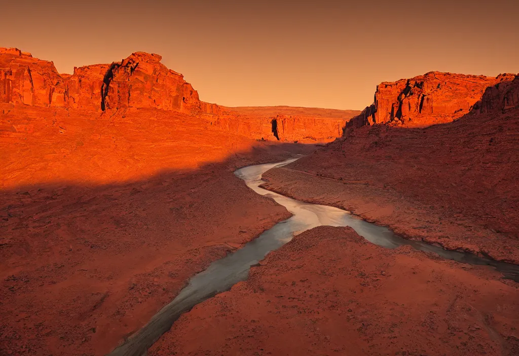 Image similar to a river bend running through a canyon surrounded by desert mountains at sunset on mars, planet mars, moab, utah, a tilt shift photo by frederic church, trending on unsplash, hudson river school, photo taken with provia, national geographic photo