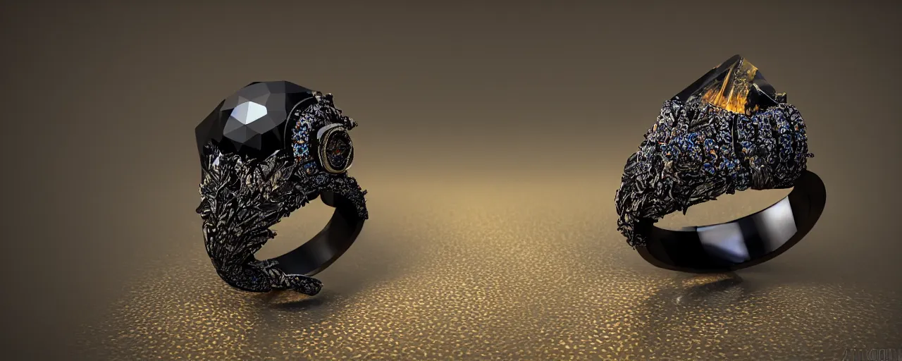 Image similar to black magic crystal ring, fire, flame, crystal, engravings, diamonds, product design, jewelry, colorful, art by gerald brom, greg rutkowski and artgerm, photo realism, unreal engine, c 4 d