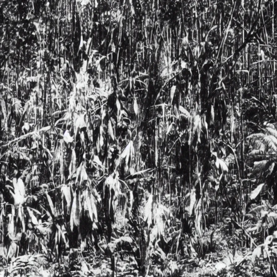 Image similar to a lost film footage from an object used by an indigenous tribe in the tropical forest, film still, cinematic, out of focus, enhanced, 1 9 2 0 s, black and white, grain