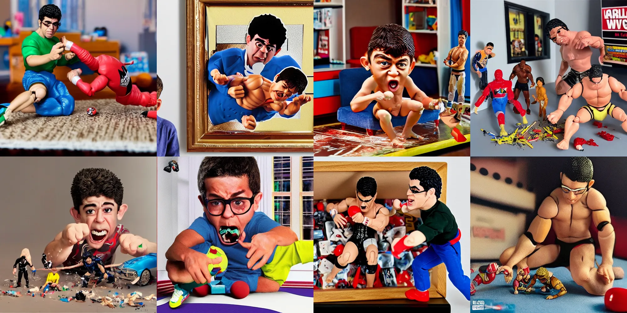 Prompt: tony khan breaking his toy wrestling action figures, 8 k, 3 d, childs bedroom, angry, crying, hyper realism