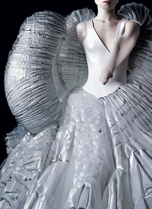 Prompt: an early 0 0's aesthetic digital portrait of a futuristic beautiful russian girl detailed features wearing a latex wedding dress with a puffy skirt designed by balenciaga and issey miyake by ichiro tanida and armin vit