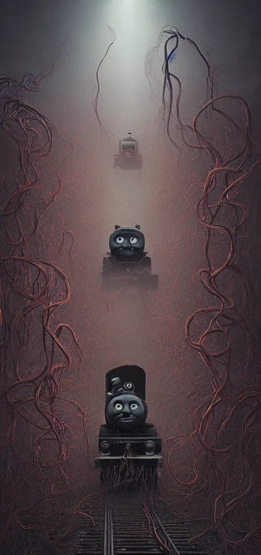 Image similar to thomas the tank engine in style of zdzisław beksinski, extremely dramatic lighting, 8 k, tendrils, black, darkness, black slime tendrils, infected, rust, body horror, thomas the train, thomas the tank engine face, horror,