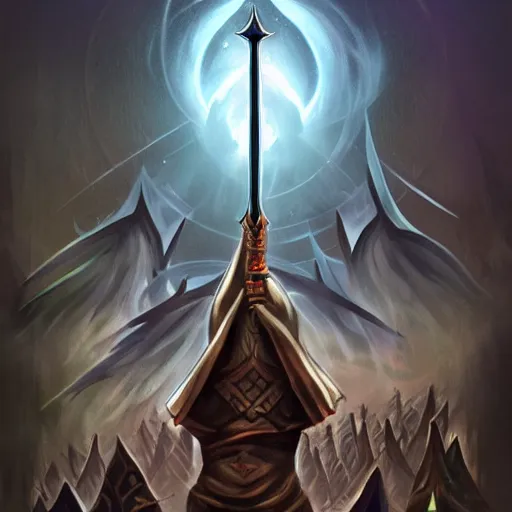 Image similar to a sword raised in the air, symmetrical, fantasy, concept art, poster, in the style of magic the gathering, powerful