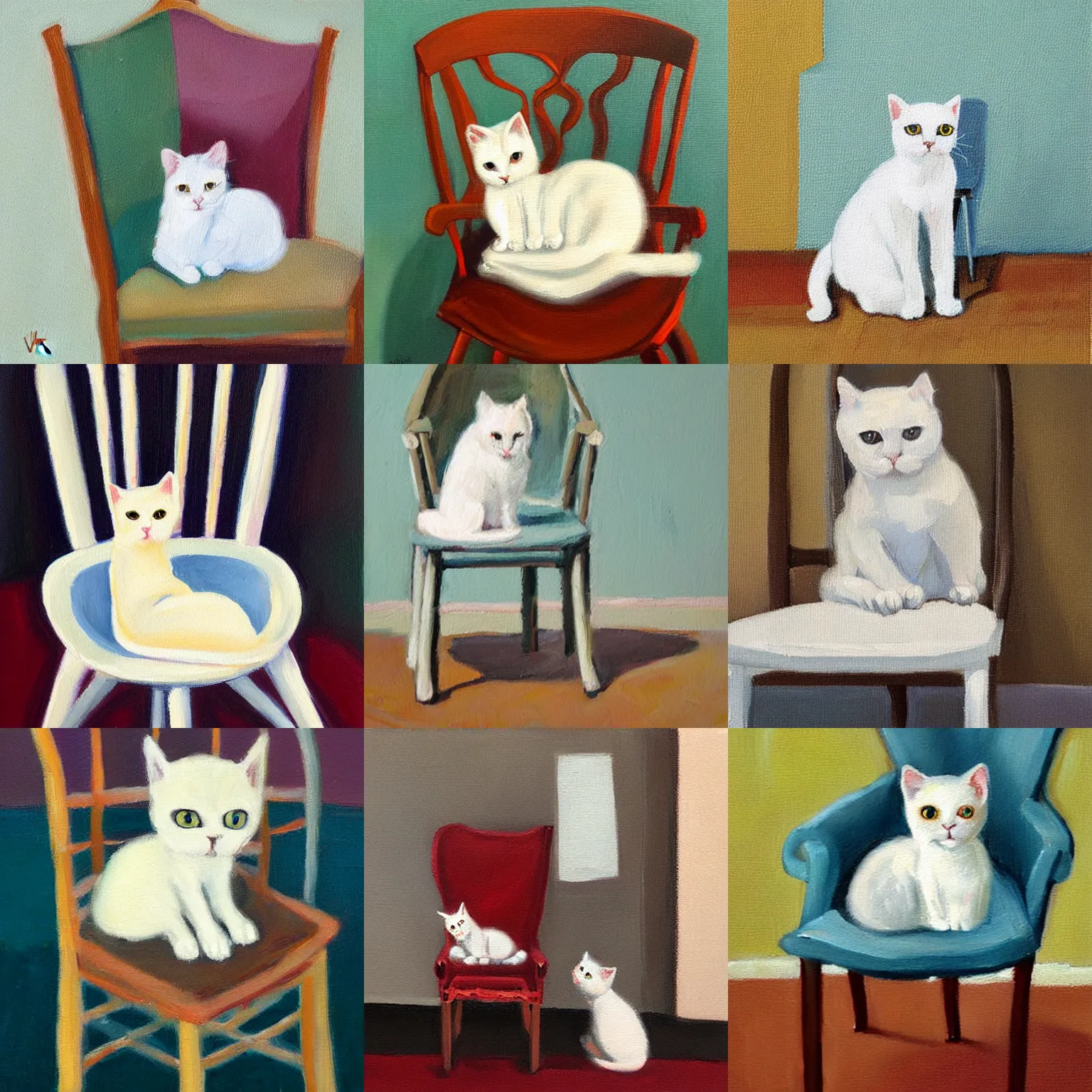 Prompt: tiny white cat on a amrchair, oil painting by vanessa stockard