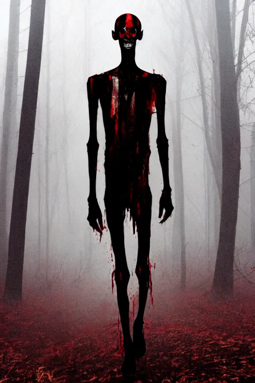 Prompt: tall slender humanoid walking in the mist, red eyes, bloody face, creepy, horror, fantasy, bloodcurdling