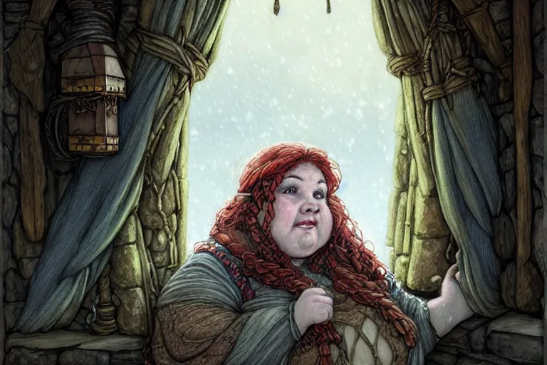 Prompt: A beautiful hearty chubby dwarven woman at her home looking through the window at a snowstorm outside, highly detailed face, complex redhead braided hair, large nose, realistic, beautiful, fantasy art, dungeons and dragons, lord of the rings, in the style of rebecca guay and greg hildebrandt, illustration, very cozy, fantasy, intricate, hyper detailed, artstation, concept art, smooth, sharp focus, ray tracing, vibrant