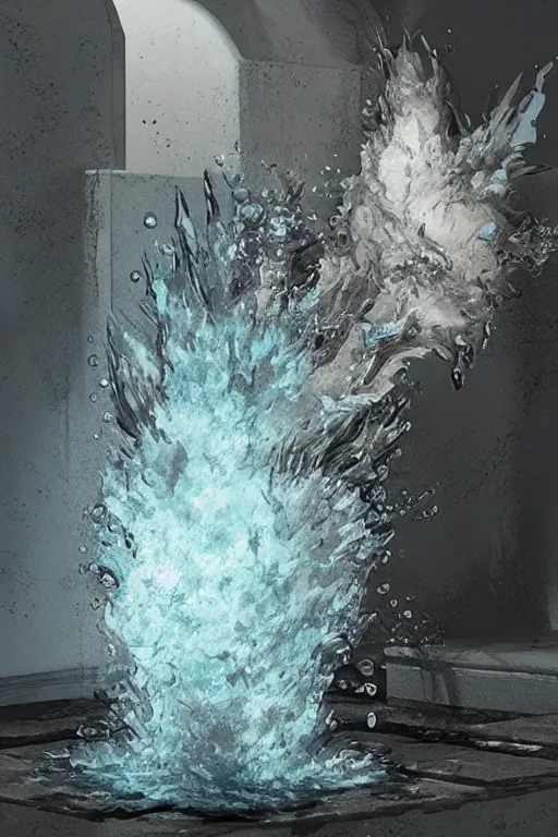 Image similar to sculpture made of water exploding violently like nuclear blast exploding inside old museum gallery, highly detailed, 3 d hyper realistic digital painting, artstation, concept art, smooth, sharp focus, illustration, art by ilja repin