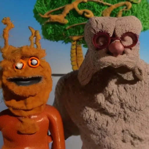 Prompt: still from the stop - motion short film the nerdventures of geoffrey and bobbamus, film by derek blankenship on youtube, yeti and loch ness monster, movie photo