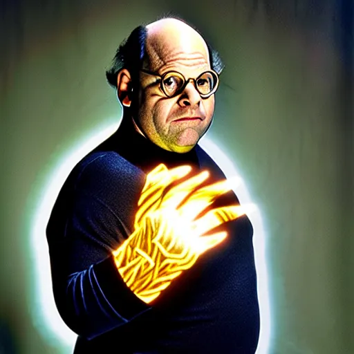 Image similar to uhd candid photo of george costanza as a super sayian, glowing, global illumination, studio lighting, radiant light, detailed, correct face, elaborate intricate costume. photo by annie leibowitz