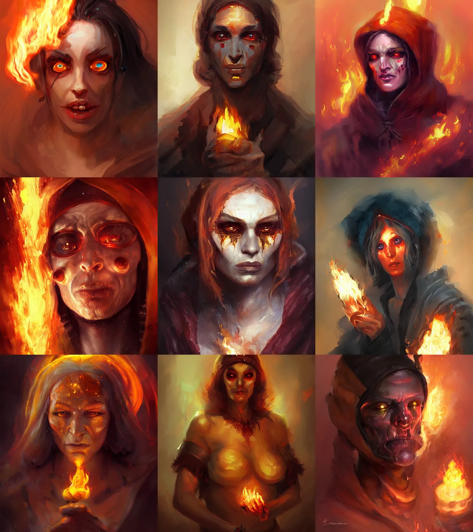 Prompt: pyromancer, fire magician, thin face, golden eyes, painting by sabbas apterus