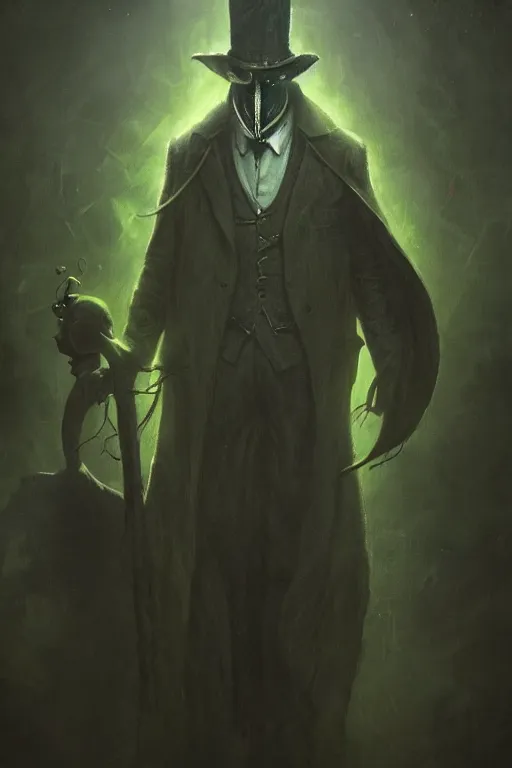 Image similar to A fancy portrait of a green plague doctor by Greg Rutkowski, Dan Mumford, Christophe Vacher, Sung Choi, Bloodborne, 8k photorealistic, volumetric lighting, HD, high details, dramatic, dark atmosphere, trending on artstation