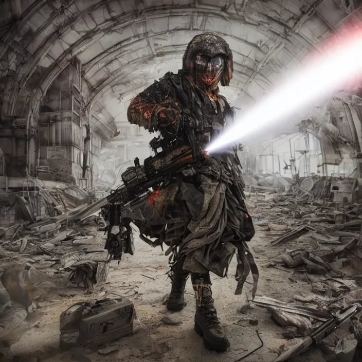 Image similar to gritty hooded apocalyptic man firing laser - rifle in destroyed airport, hyper - detailed, smooth, sharp focus, 4 k ultra hd, fantasy dark art, apocalyptic art