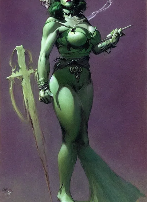 Image similar to mighty plump female necromancer sorceress, green tiara, strong line, muted color, beautiful! coherent! by frank frazetta, by brom