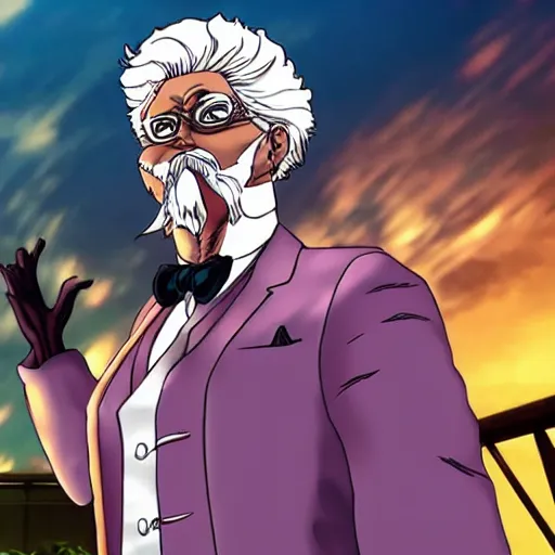 Prompt: colonel sanders in jojo's bizarre adventure, full body, landscape, high definition, ambient lighting, full color