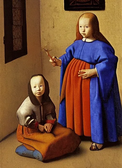 Image similar to children toys, medieval painting by jan van eyck, johannes vermeer, florence