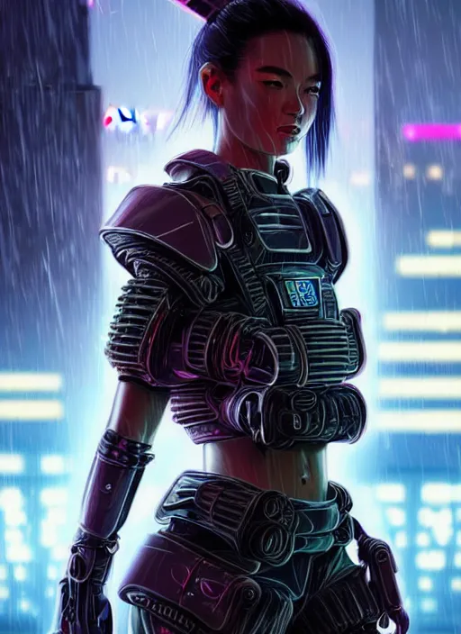 Image similar to stunning futuristic superb cyberpunk young female Samurai wearing samurai armor hybrid with military tactical vest, armor has neon circuitry, sci-fi in futuristic stormy heavy rain thunder flashing tokyo rooftop cyberpunk night, sci-fi,fantasy, intricate, very very beautiful, elegant, neon light, highly detailed, Cinematic, digital painting, artstation, hyper realism, concept art, soft light, hdri, smooth, sharp focus, illustration, art by tian zi and craig mullins and WLOP and alphonse mucha