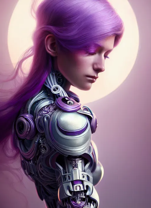 Image similar to a photorealistic detailed image of a beautiful stoic pale woman in sci - fi bionic armor with purple hair, detailed, intricate, elegant, highly detailed, digital painting, artstation, concept art, smooth, sharp focus, illustration, art by hana yata, artem demura, alphonse mucha, octane render, unreal engine, 8 k