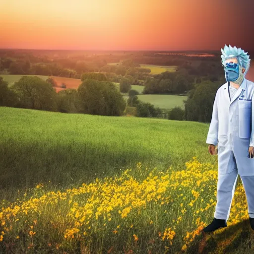 Image similar to rick sanchez in lab suit, face to camera walking in a field. france, dordogne, hills, ultra high, face to camera, detail, 8 k, sunset, flowers, trees, river, hills, octane render.