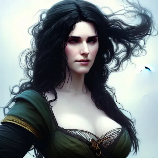 Prompt: portrait of Yennefer from the Witcher, D&D, fantasy, intricate, elegant, highly detailed, digital painting, artstation, concept art, matte, sharp focus, illustration, art by Artgerm and Greg Rutkowski and Alphonse Mucha