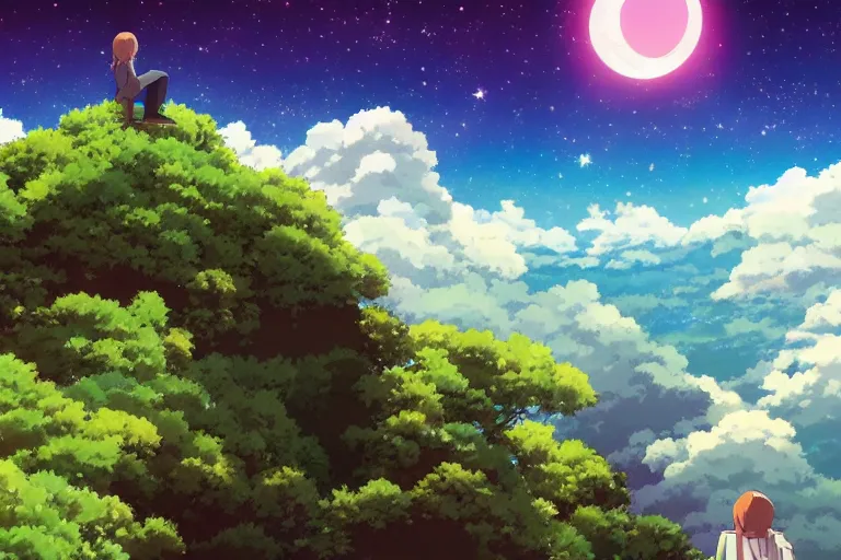 Prompt: watching the stars while sitting on the edge of a cliff, anime key visual, studio ghibli, colorful