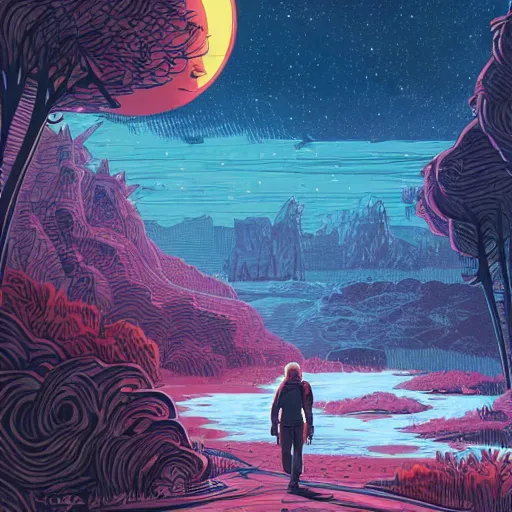 Image similar to weary traveller wandering through an alien world, by dan mumford, 4 k, beautiful, cinematic dramatic