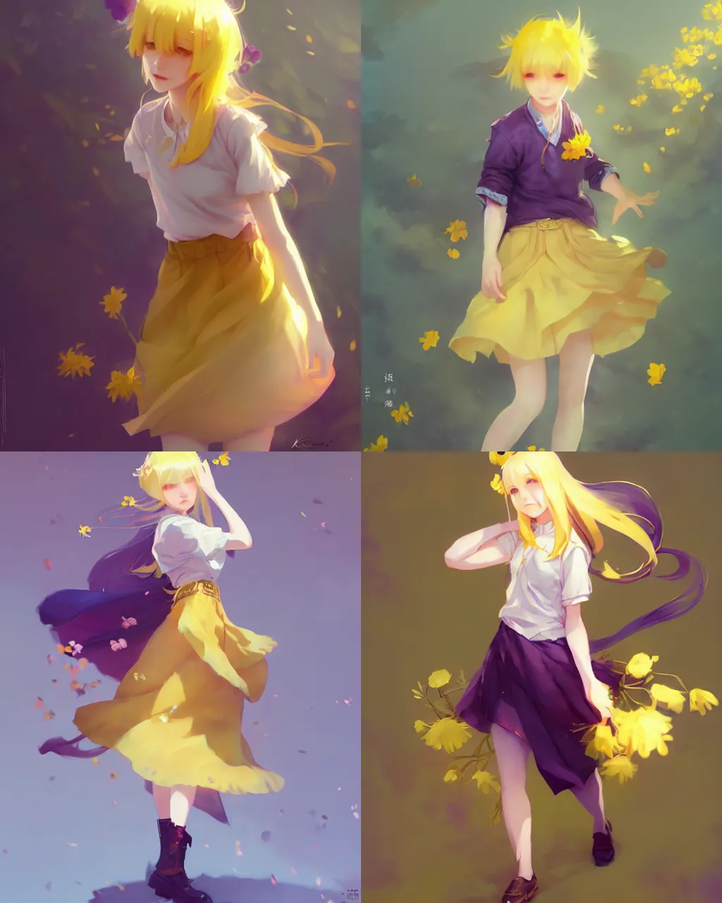 Prompt: girl with yellow hair and purple skirt, flower decoration on the background, a beautiful half body illustration, top lighting, perfect shadow, soft painting, art by hidari and krenz cushart and wenjun lin