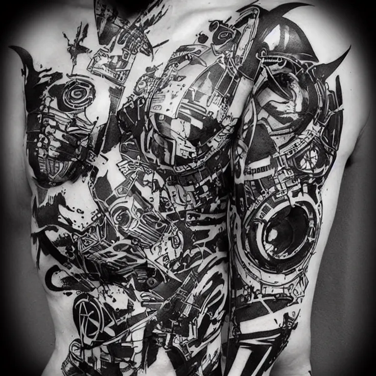 Image similar to cyberpunk black and white tattoo design, stencil, by artgerm,