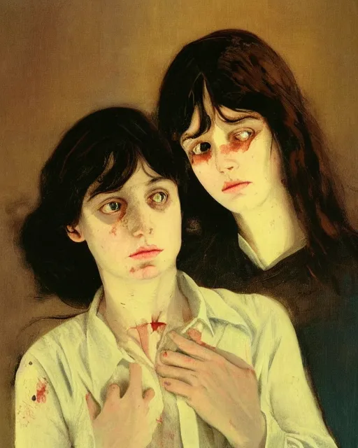 Prompt: two beautiful but creepy siblings wearing oxford shirts in layers of fear, with haunted eyes and dark hair, 1 9 7 0 s, seventies, wallpaper, a little blood, morning light showing injuries, delicate embellishments, painterly, offset printing technique, by brom, robert henri, walter popp