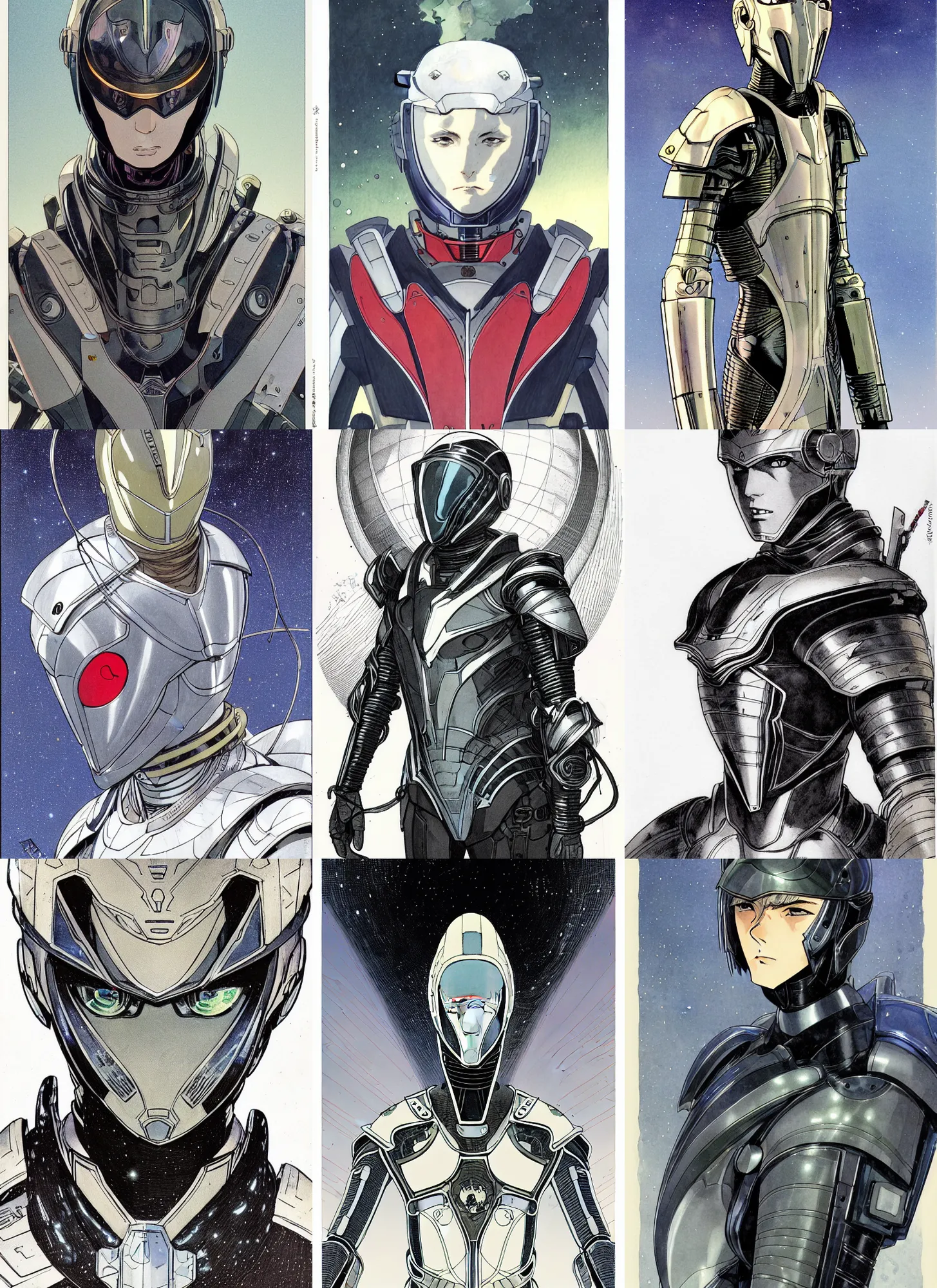 Prompt: young teen bishonen male! sci - fi! futuristic armor! moebius, milo manara, hugo pratt, french comic art, semi - realistic anime, portrait, beautiful face, symmetrical face, trending on pixiv, detailed, clean lines, sharp lines, crisp lines, award winning illustration, masterpiece, 4 k