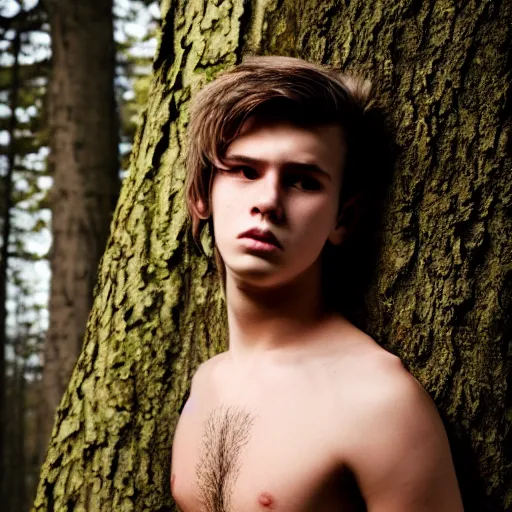 Image similar to a teenage boy, around 1 9 yo. looking sad. natural brown hair. loincloth, pale skin. detailed face. ominous and eerie looking forest i'm background. natural colors.