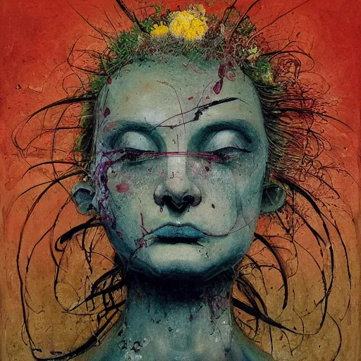 Prompt: a beautiful woman, a beautiful woman, epic floral composition of deadly silence, intense emotion, powerful painting, gritty feeling, imagining a blissful fate, hope, anger, rage, willing, deconstructed, chaotic, expressive, neo-expressionism, by Francis Bacon, by Beksinski, by Abbas Kiarostami, by Kurosawa, by Hokusai, war photography, colorful, dreams, photojournalism