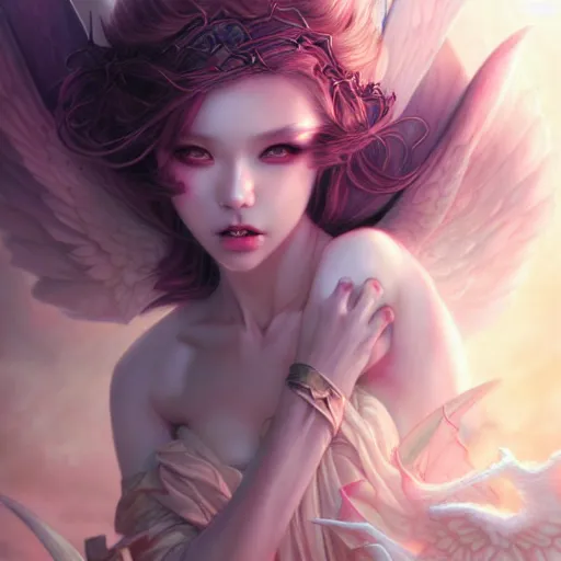 Image similar to beautiful demon princess scenery wallpaper aesthetic, pastel colors only, demonic, cinematic, powerful, super detailed and intricate, elegant, hyper realistic, by artgerm, by kyoung hwan kim, by ralph mcquarrie, by yoshiyuki tomino