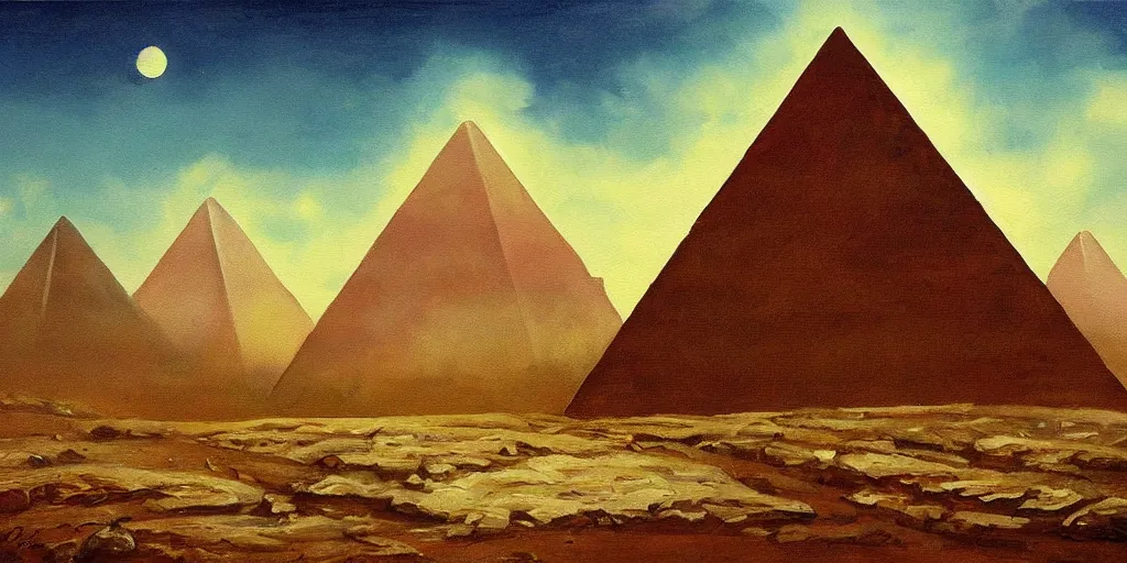 Prompt: a beautiful painting of a pyramide in a serene landscape, atompunk