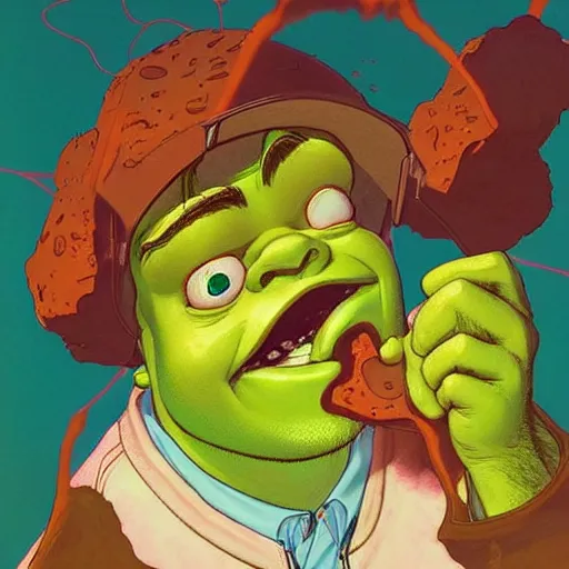 Image similar to prompt : shrek eating burger portrait soft light painted by james jean and katsuhiro otomo and erik jones, inspired by akira anime, smooth face feature, intricate oil painting, high detail illustration, sharp high detail, manga and anime 1 9 9 9