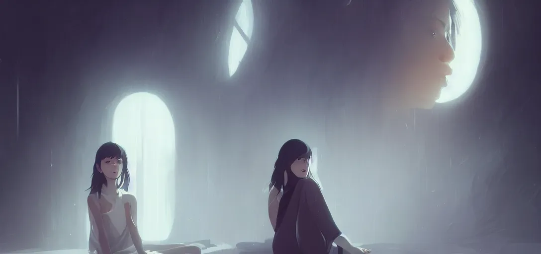 Prompt: Young Himalayan woman sitting concerned in an empty room, night time scene, somber white eyes, long ashy hair, gentle lighting, futuristic, dim lighting, digital art by Makoto Shinkai ilya kuvshinov and Wojtek Fus, digital art, concept art,