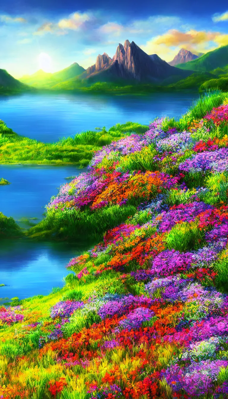 Prompt: highly detailed realistic landscape photo of calm lake, sunlit mountain in background, colourful flowers in foreground, award winning photo, hyper realistic, concept art, 8 k detail post - processing