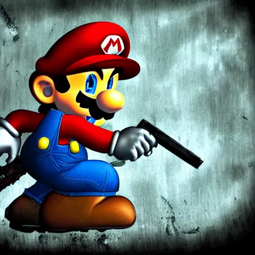 Image similar to mario in a ruined kingdom, resident evil, gothic horror, silent hill, occult, terror, mist