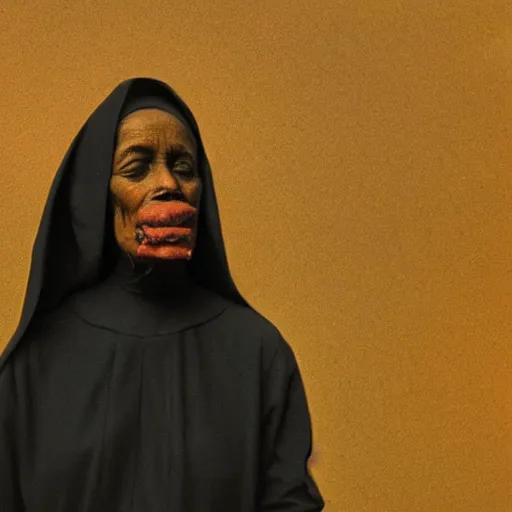 Image similar to a black nun smoking a joint and puffing lots of smoke, by Beksinski, lens flares, minimalistic background