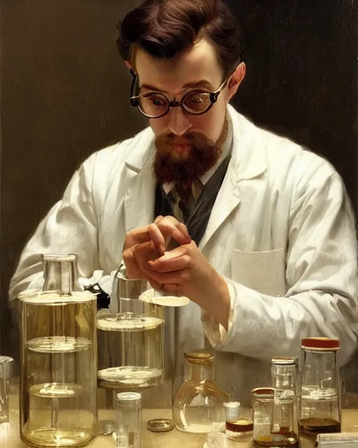 Prompt: a old professor doing experiments in his lab, oil on canvas, artstation, by j. c. leyendecker and edmund blair leighton and charlie bowater, beautiful face, octane, very aesthetic!!!!!!!!!!!!!!!
