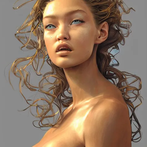 Image similar to portrait of a girl by simon bisley, mixture between doutzen kroes and gigi hadid, she is about 2 5 years old, long curly hair, very tall and slender, she is wearing a battle mech suit, highly detailed portrait, digital painting, artstation, concept art, smooth, sharp foccus ilustration, artstation hq