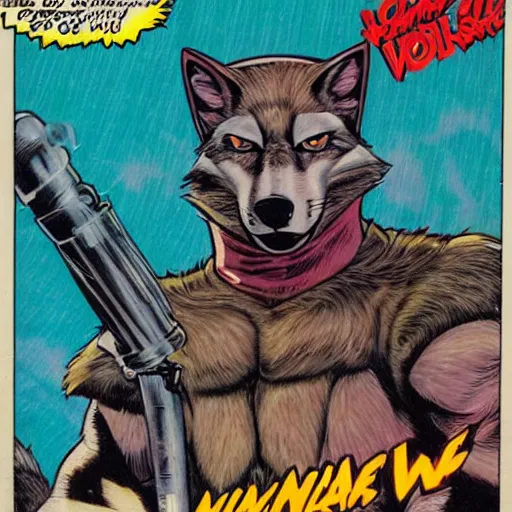 Image similar to 1 9 8 0 s comic book cover scan featuring a portrait of villain male wolf o'donnell anthropomorphic wolf furry fursona from starfox wearing a dark space mercenary uniform, dark grey wolf, handsome eyes, wolf o'donnell