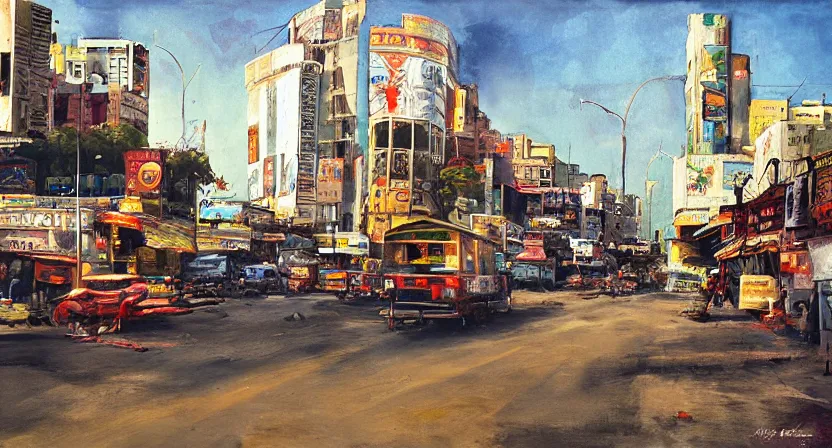 Prompt: delhi streets, artwork by salman toor, cinematic light, atmospheric effects